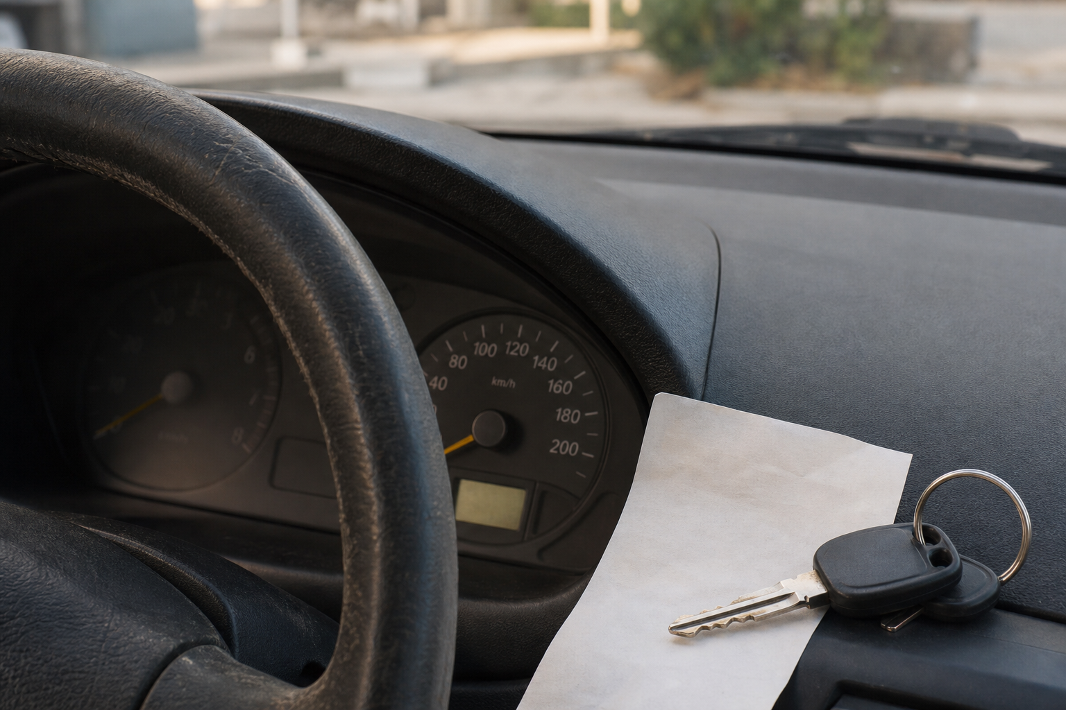 Detalle del tablero, las llaves y un recibo de combustible dentro de un vehículo